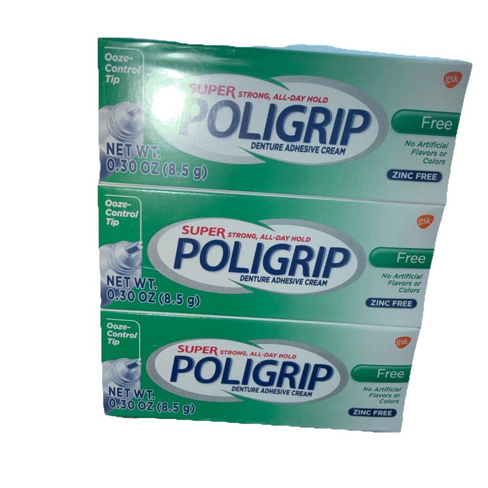 Super Poligrip Travel Size .3 Oz Denture Adhesive Cream Zinc Free Lot Of 12
